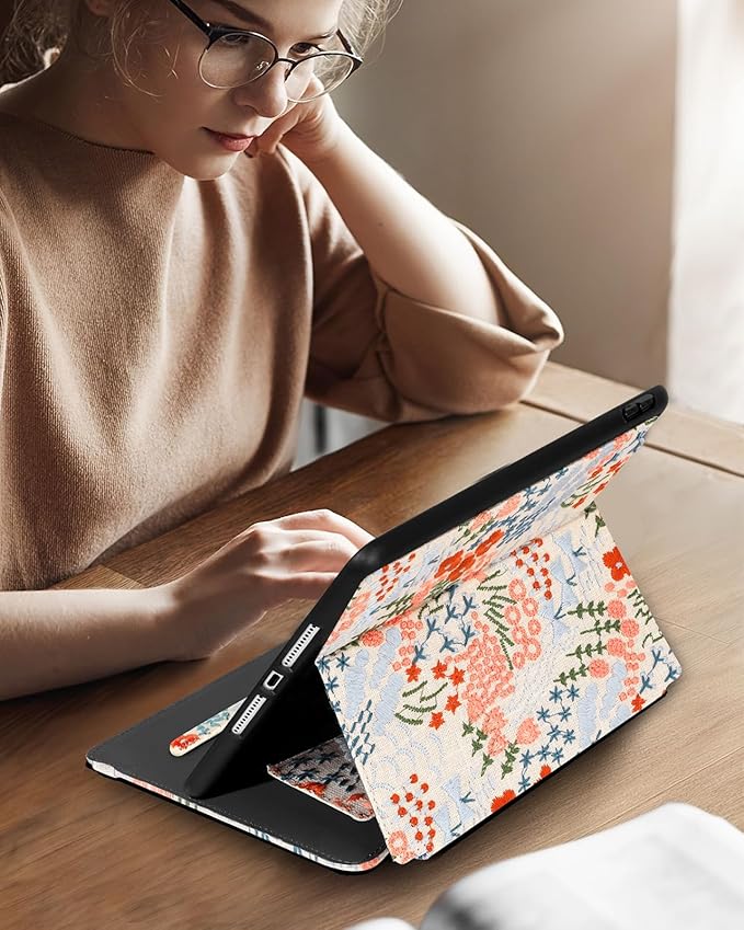 for iPad 9th/8th/7th Generation Case 10.2'' - for Women Girls Cute Embroidered Folio Stand Cover with Pencil Holder &amp Card Slot Girly Floral Flowers Design Aesthetic Cases for iPad 7th/8th/9th