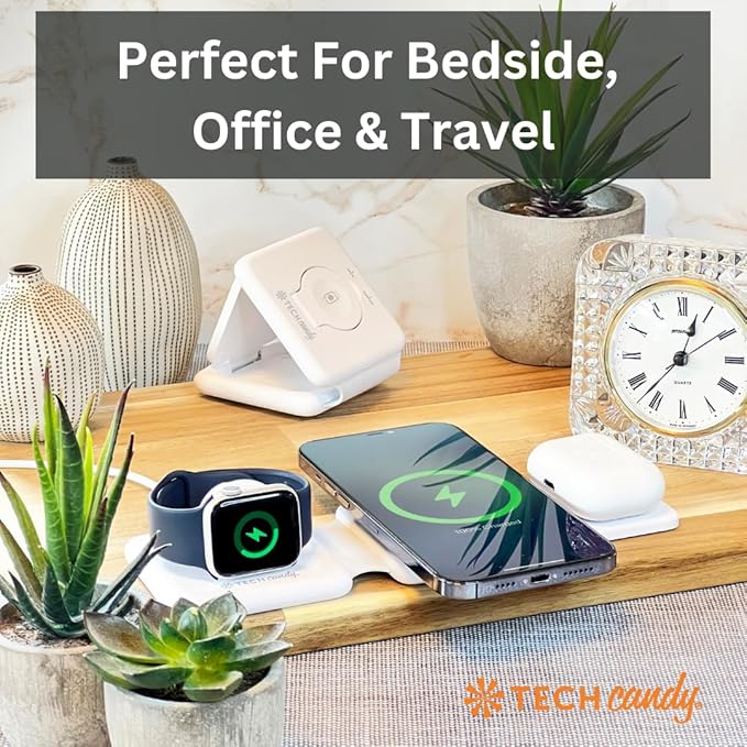 Tech Candy The Three Way Charging Valet Wireless Charging Pad - Charge 3 Devices at Once Compact Qi Charger for Travel Foldable 20W Fast for Phones Ear Buds Smart Watches