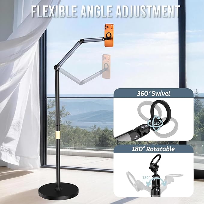 Magnetic Phone Floor Stand Aluminum iPhone Overhead Stand with Adjustable Arm &amp Remote for Multi-Angle Creative Shooting Stable Stand for iPhone/Android