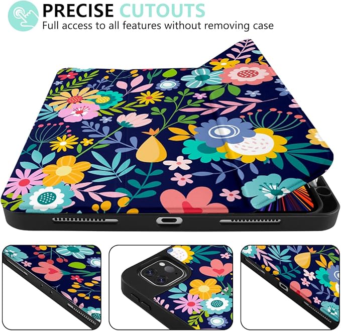 DONGKE Case for iPad Pro 11 inch (4th 3rd 2nd &amp 1st Gen) 2022 2021 2020 2018 Trifold Stand + Pencil Holder + Auto Wake/Sleep + Soft TPU Protective Stand Back Cover Florals