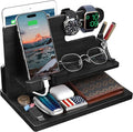 Gifts for Men Wood Phone Docking Station for Men Nightstand Organizer Gifts for Dad Charging Station Cell Phone Stand Desk Organizer Gifts for Husband Boyfriend Brother Son (Black)