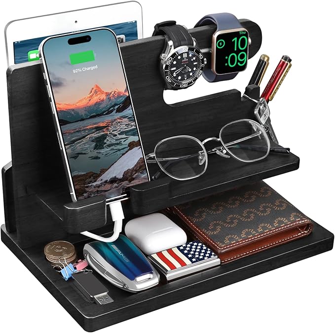 Gifts for Men Wood Phone Docking Station for Men Nightstand Organizer Gifts for Dad Charging Station Cell Phone Stand Desk Organizer Gifts for Husband Boyfriend Brother Son (Black)