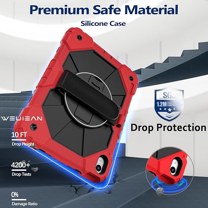 Weuiean Case for iPad A16 11th/10th Generation 11/10.9 Military-Grade Heavy-Duty Shockproof Cover with 360° Rotating Stand Built-in Pencil Holder &amp Adjustable Hand/Shoulder Strap - Red+Black