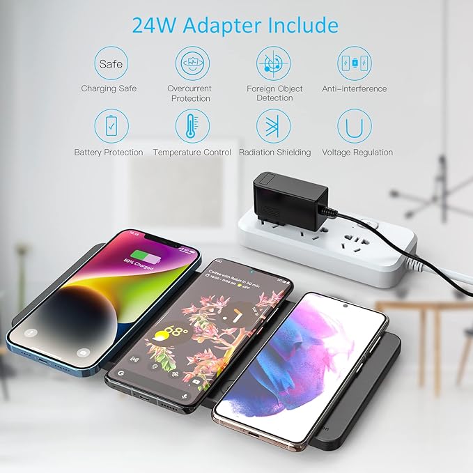Wireless Charging Pad ZealSound Ultra-Slim Triple Charger Station for Multiple 3 Devices &amp New Airpods Ultra Slim PU Leather Wireless Charging Mat W/AC Adapter for Smartphone Phone (Black)