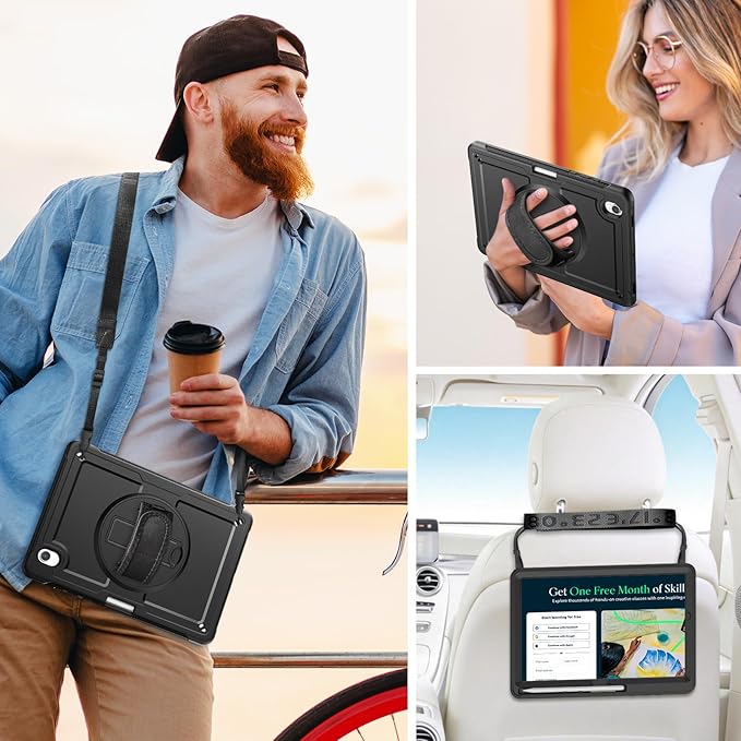 Case for Samsung Galaxy Tab S10 Lite / S10 FE / S9 FE 5G / S9 Tablet Case 10.9''/11'' Rugged Protective with Screen Protector Pen Holder 360°Rotate Hand Strap/Stand Shoulder Strap Black