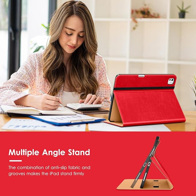 VIKESI Case for iPad Pro 13-inch M5 or M4 Released in 2025 or 2024 Leather Stand Cover with Apple Pencil Holder Auto Wake/Sleep Multiple Viewing Angles Built in Hand Strap &amp PocketBright Red