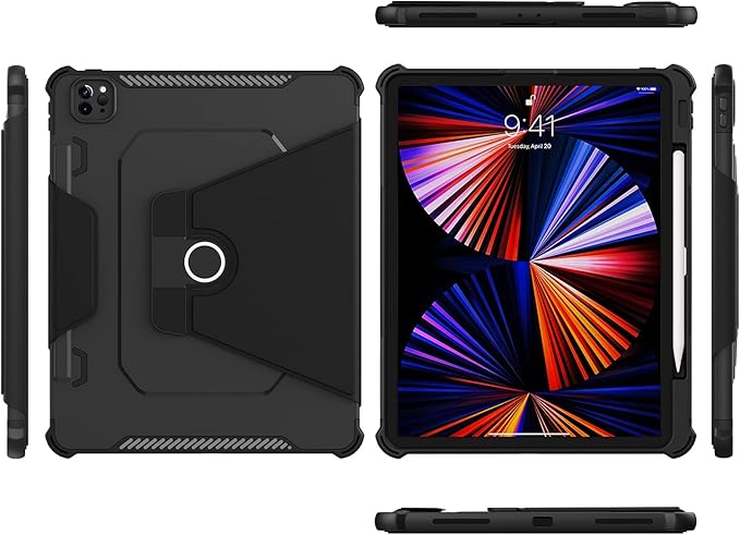 Rotating Case for iPad Pro 12.9 6th/5th/4th Gen 2022/2021/2020 Smart Cover with Pencil Holder Techcircle Hybrid TPU+PC Magnetic Cover Soft Bumper Slim Folio Shockproof Protective Case-Black