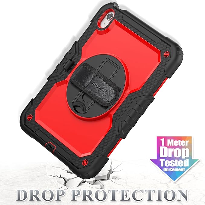SEYMAC stock Case for iPad (A16) 11th/10th Generation 11''/10.9'' 2025/2022 Full-Body Drop Protection Case with Screen Protector &amp360° Rotate Hand Strap/Stand Red+SiliconeBlack