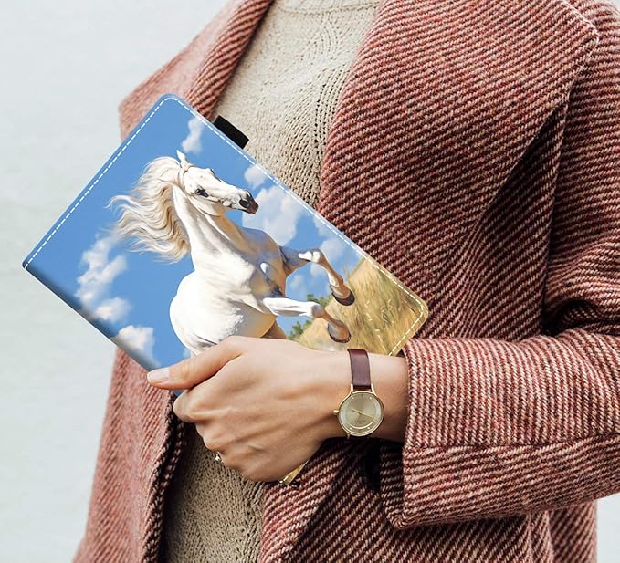 Case for Amazon Kindle Fire 7 Tablet (7 9th/7th Generation 2019/2017 Release) Slim PU Leather Cover with Card Slot &amp Auto Wake/Sleep Running White Horse