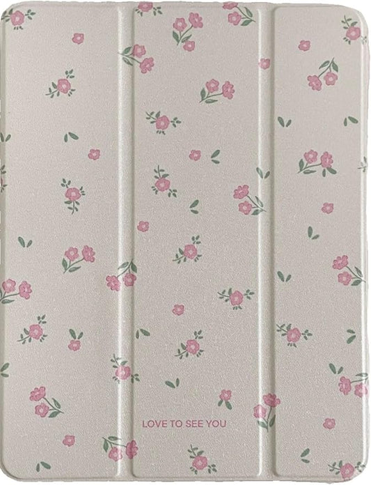 Adjustable Kickstand Mirror Leather Hard Folio Case for Apple Cream White Color Pink Flower Love Fancy Floral Cute Chic Adorable Lovely Girls Kids (for iPad Air 4 10.9-inch 4th Generation 2020)
