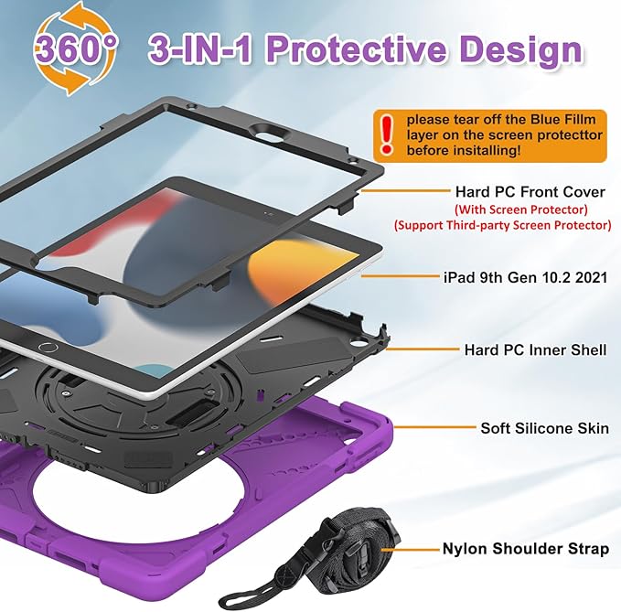 BRAECNstock for Apple iPad 9th/ 8th/ 7th Generation Case 10.2 Shockproof Protective Kids Case with Screen Protector Pencil Holder Rotating Stand+Hand Strap Shoulder Strap Purple