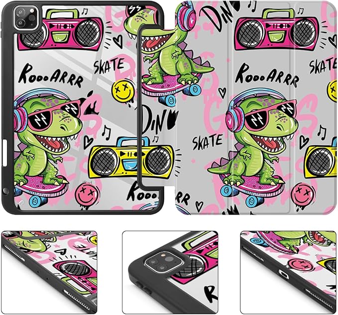 Mektron Case for iPad Pro 11 inch (4th 3rd 2nd &amp 1st Gen) 2022 2021 2020 2018 Buit in Pencil Holder with Shockproof Cover Clear Shell + Trifold Stand + Auto Wake/Sleep Cool Dinosaur