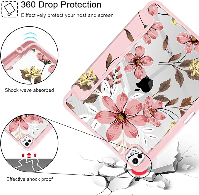 Mektron Case for M5/ M4 iPad Pro 11 inch 2025/2024 with Pencil Holder Compatible Models: A3357/A3358/A3359/A2836/A2837/A3006 Shockproof Cover Clear Shell Floral C293