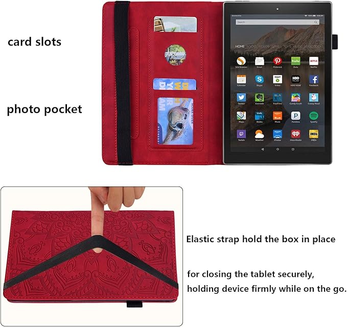Fire HD 10 Case 9th/7th Generation (2019/2017) 10.1 with Pencil Holder Elastic Band Pocket Multi-Angle Stand Magnetic Folio Wallet PU Leather TPU Shockproof Cover Red Paisley Flower