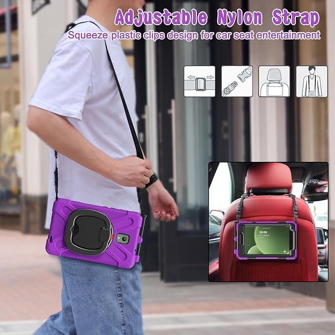 Rugged Case for Samsung Galaxy Tab Active5 5G (SM-X306B/X300) w/ 360° Rotating Hanging Ring Handle Grip Kickstand Heavy Duty Shock-Proof Armor Cover w/Shoulder Strap Stylus Holder (Purple)
