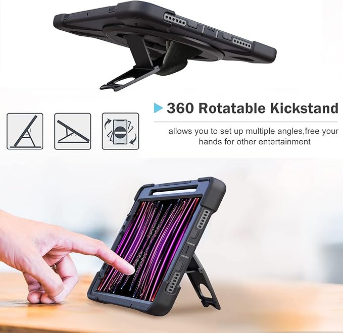 ProCase for iPad Pro 12.9 Inch Case 2022 2021 2020 2018 Rugged Heavy Duty Shockproof Cover with Hand Strap Shoulder Strap for iPad Pro 12.9 6th 5th 4th 3rd Generation –Black