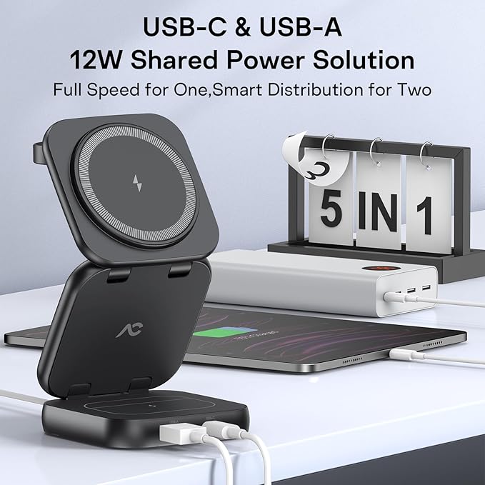 5-in-1 Wireless Charger for MagSafe AC ISLAND Portable Travel Charging Station 35W Max Fast Foldable Magnetic Stand Evolved for iPhone 17-12 &amp Air Series Apple Watch AirPods (with 35W Adapter