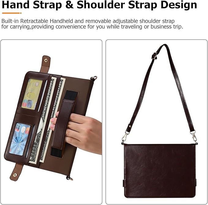 Dteck Case for Galaxy Tab S10 Plus/S9 Plus/S8 Plus+/S7 FE/S7 Plus 12.4 inchPU Leather Fold Business Stand Protective Cover with Pen Holder Card Slots Shoulder Hand Strap Handbag Wallet CaseBrown