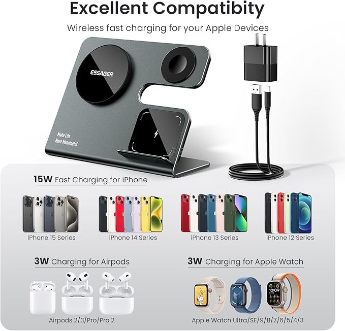 3 in 1 Aluminum Alloy Magnetic Wireless Charging Station Compatible with iPhone 16/15/14/13/12 Series ESSAGER 15W Wireless Charger Office Bedroom Table for Airpods 4/3/2/Pro iWatch with 20W Adapter