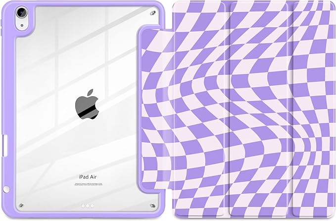 TWOLSKOO Case for iPad Air 11-inch (M4 2026 / M3 2025 / M2 2024) Clear Acrylic Back with TPU Bumper Pencil Holder Trifold Stand Auto Sleep/Wake Purple Wavy Checker