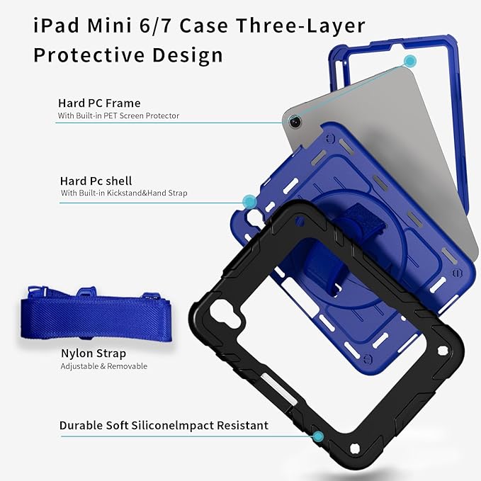 for iPad mini 7 A17 Pro/iPad mini 6 8.3 Inch Case iPad mini 7th/6th Generation Case (2024/2021) with Pencil Holder/Kickstand Hand Strap/Shoulder StrapBlack+Blue