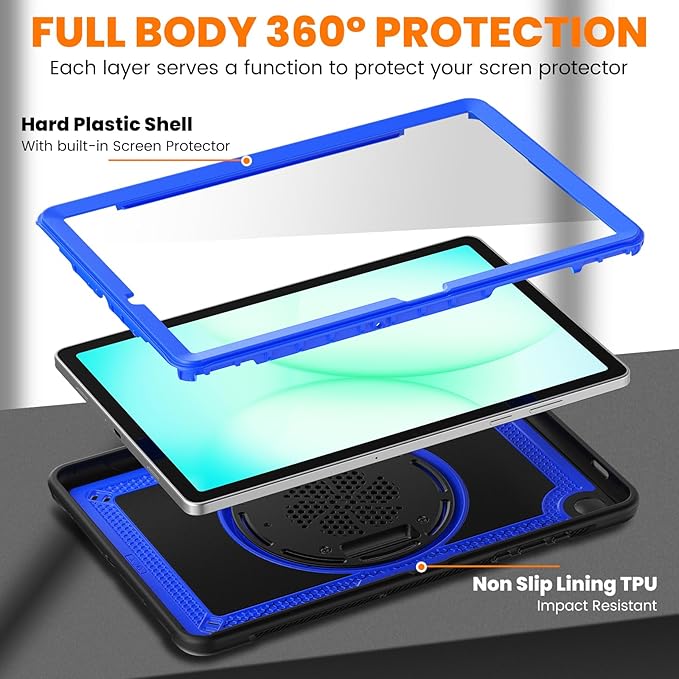Case for Samsung Galaxy Tab A11 Plus/A9 Plus Galaxy Tab A11+/A9+ 11 Inch 2025/2023 with Screen Protector 360 Rotating Hand Strap&ampStand Shoulder Strap Pencil Holder Blue