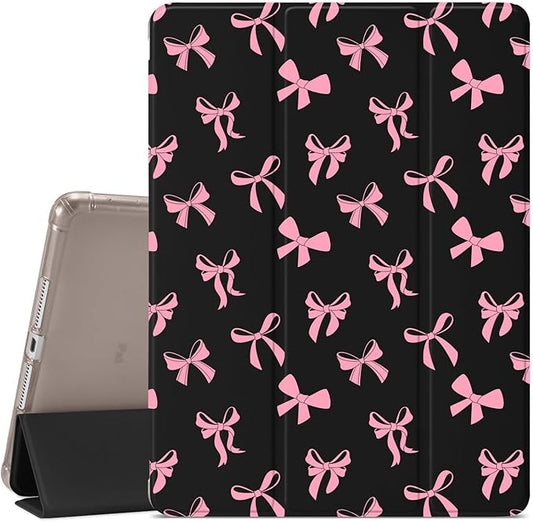 JOYLAND Cute Pink Bow Pattern Case for iPad 9th/8th/7th Generation 10.2 Inch (2021/2020/2019 Release) Pencil Holder &amp Clear Transparent Soft TPU Back &amp Trifold Smart Pad Black Cover