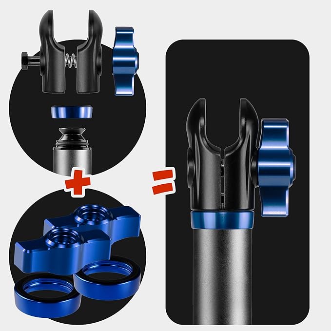 Tackform 7 Long 20mm Ball and Socket Arm DuraLock 20 Series Aluminum Tube Arm | Dual 20mm Sockets and Optional Anti-Theft Knobs | Black with Blue Billet Accent Kit