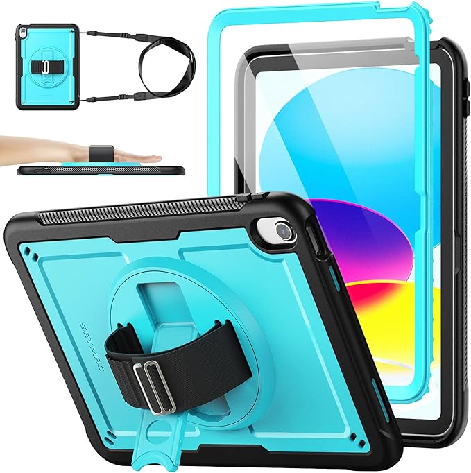 SEYMAC stock Case for iPad A16 11-inch Case 2025/ for iPad 11th/ 10th Generation 10.9'' 2022 Protective with Screen Protector Pen Holder Rotate Stand Loop Nylon Hand Strap Shoulder Strap Cyan