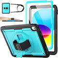 SEYMAC stock Case for iPad A16 11-inch Case 2025/ for iPad 11th/ 10th Generation 10.9'' 2022 Protective with Screen Protector Pen Holder Rotate Stand Loop Nylon Hand Strap Shoulder Strap Cyan