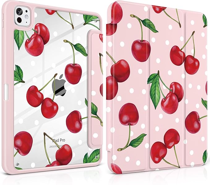 TWOLSKOO Case for iPad Pro 11-inch (M5 2025 / M4 2024) Clear Acrylic Back with TPU Bumper Pencil Holder Trifold Stand Auto Sleep/Wake Cherries