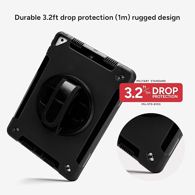 ZAGG Rugged Tablet Case for iPad 10.2-inch (9th/8th/7th Gen) - Protective 360° Rotating Hand Strap Integrated Kickstand Drop-Proof Ideal for Business Warehouse and Field Use Black