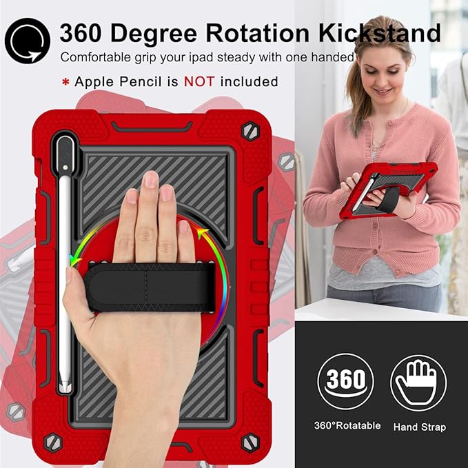 Shockproof Case for Samsung Galaxy Tab S8 2022/S7 2020 11 Tablet with Shoulder Strap Techcircle Heavy Duty Rotating Kickstand Rugged Defender Protective Case with Adjustable Hand Strap Red