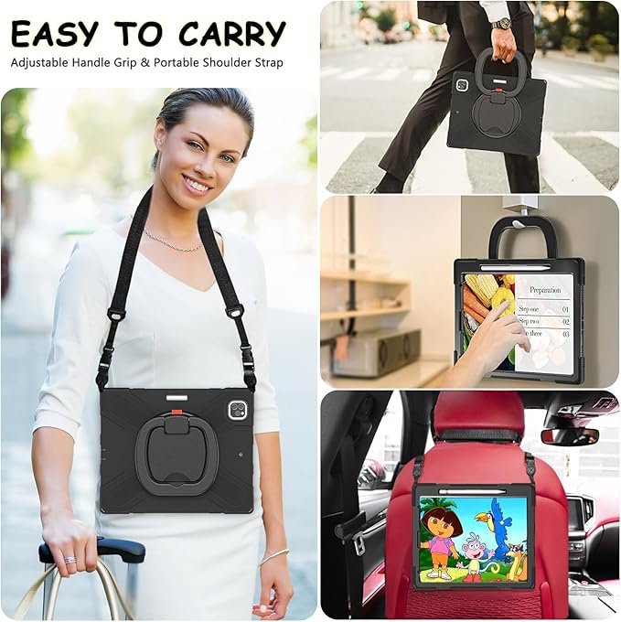 SCSVPN Case for iPad Air 13 inch M4 2026 /M3 2025/M2 2024 &amp iPad Pro 12.9 Case 6th/5th/4th/3rd Gen 2022 2021 2020 2018 Drop Protective Cover with Pencil Holder Stand Handle Shoulder Strap - Bl