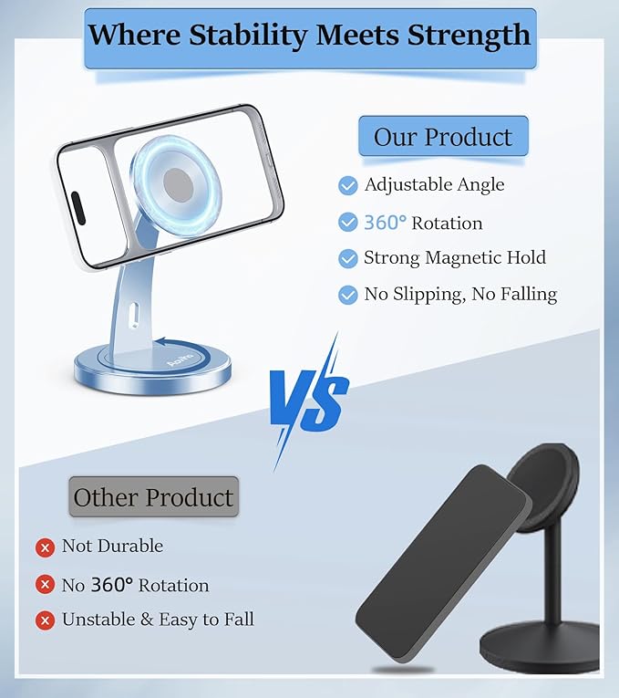 Magnetic Phone Stand for Desk – 360° Rotating Aluminum Phone Holder Stable Desk Stand for Office Home &amp Kitchen Compatible with iPhone 17 Pro Max 16–12 Series and MagSafe Cases Sky Blue