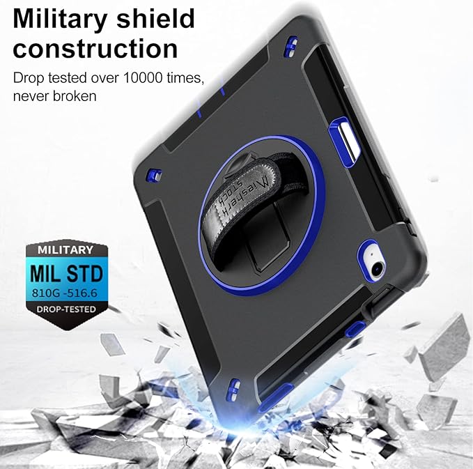 Case for iPad (A16) 11th/10th Generation Case: Protective Cover for iPad 11th Gen 11 Inch 2025 &amp10th Gen 10.9 2022 with Screen Protector- Stand- Shoulder Strap- Handle- Pencil Holder-Blue+Black