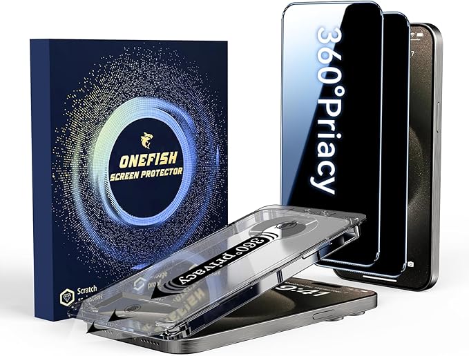 OneFish for iPhone 14 Pro Privacy Screen Protector 4-Way 360° Anti-Spy Tempered Glass 9H Hardness HD Clear Anti-Fingerprint 3D Curved Edges Case-Friendly &amp Easy Installation [2 Pack]