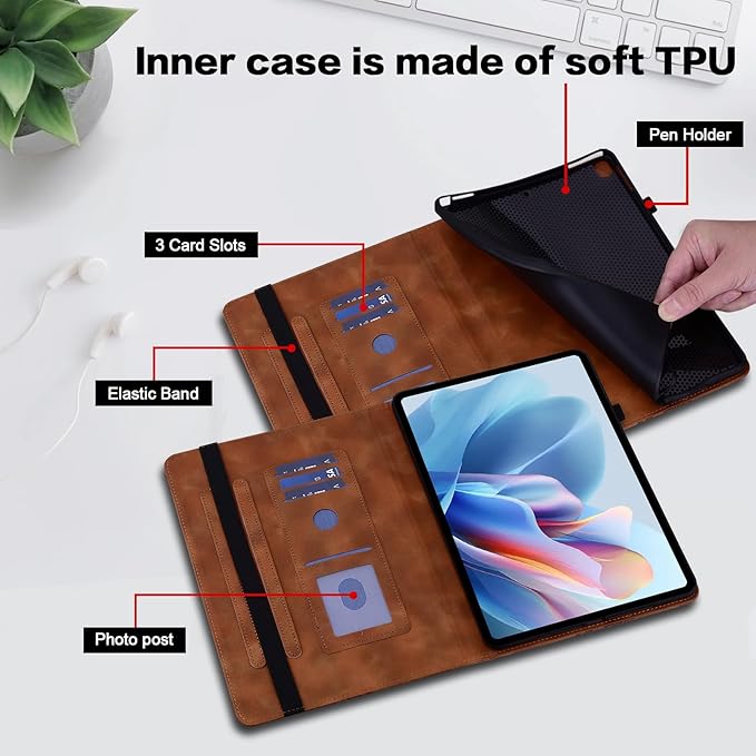 Case for Lenovo Tab Plus 11.5 Inch 2024 Embossed Premium PU Leather Case with Stand/Pencil Holder/Card Slots/Elastic Band for 11.5 Lenovo Tab Plus 2024 Release-Brown