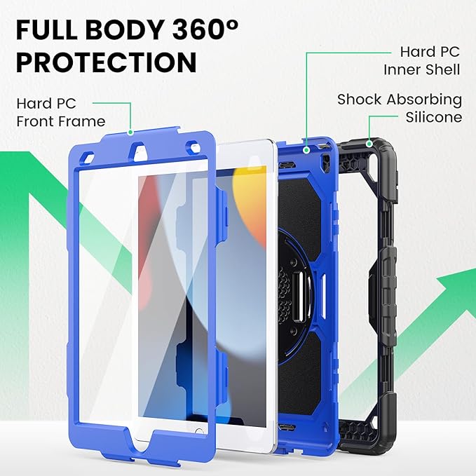 SEYMAC for iPad 9th/8th/7th Generation Case 10.2 2021-2019 Full-Body Shockproof Heavy Duty Protective Case with Screen Protector Rotating Stand/Handle/Shoulder Strap for iPad 10.2 Black/Blue