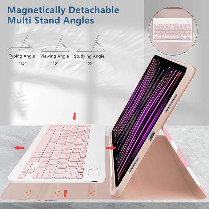 TopPerfekt for iPad Pro 11 4th/3rd/2nd/1st Gen (2022/2021/2020/2018) Keyboard Case Magnetically Absorbent Auto Sleep/Wake Support 2nd Gen Pencil Wireless Charge with Pencil Holder - Pink Cow