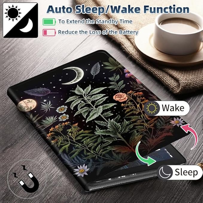 Case for Kindle Fire HD 10 Tablet Case (13th Generation2023 Released)360 Degree Rotating Folio Stand Leather Smart Cover for Amazon Fire HD 10 13th Gen 10.1-Flowers Plants Moon Night