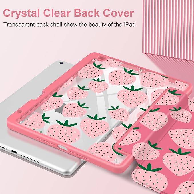 MEEgoodo Case for iPad 10.2 inchTablet Cases for iPad 9th Generation 2021/8th Gen 2020/7th Gen 2019 with Clear Acrylic Back Shell+Pencil Holder+Auto Wake/Sleep+Trifold StandMinimalist Strawberry