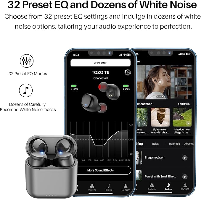 TOZO T6 Wireless Earbuds Bluetooth 5.3 Ear Buds Stereo Sound in Ear Headphones 50 Hours Playtime Wireless Charging Case APP Customizable EQs IPX8 Waterproof Earphones