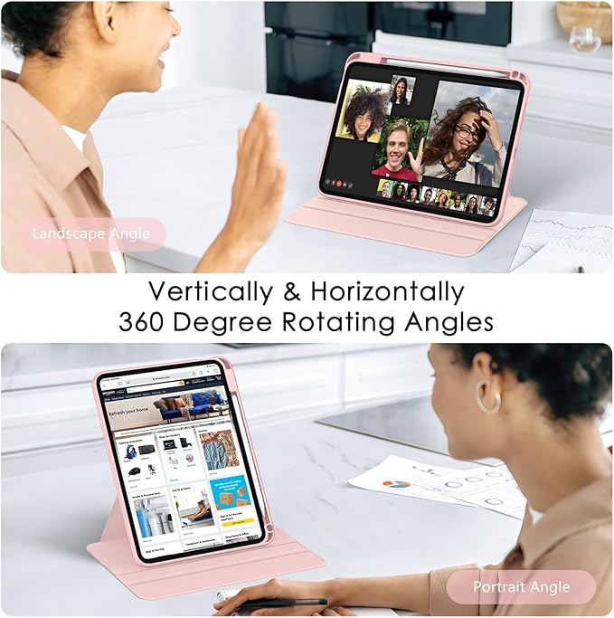 Soke Rotating Case for iPad (A16) 11th Generation 2025 iPad 10th Gen 2022 with Pencil Holder [Shockproof + Auto Sleep/Wake] 360 Degree Rotation Clear Back for iPad 11/10.9 - Pink