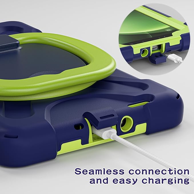 Rugged Case for Samsung Galaxy Tab Active5 5G (SM-X306B/X300) w/ 360° Rotating Hanging Ring Handle Grip Kickstand Heavy Duty Shock-Proof Armor Cover w/Shoulder Strap Stylus Holder(Navy+Lime)