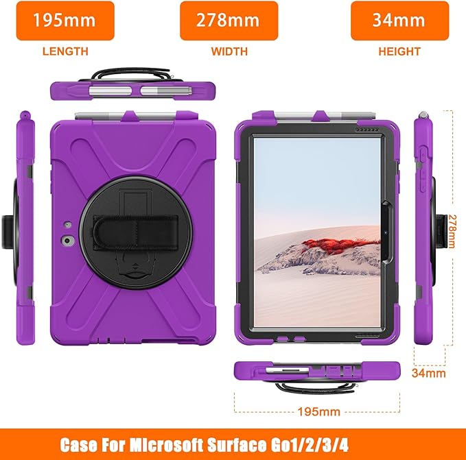 ZenRich Rugged Case for Surface Go 4 (2023)/Surface Go 3 (2021)/ Surface Go 2 (2020) Surface Go (2018) with Pen Holder Heavy Duty Shockproof Case with Stand Hand Strap and Shoulder Belt-Purple