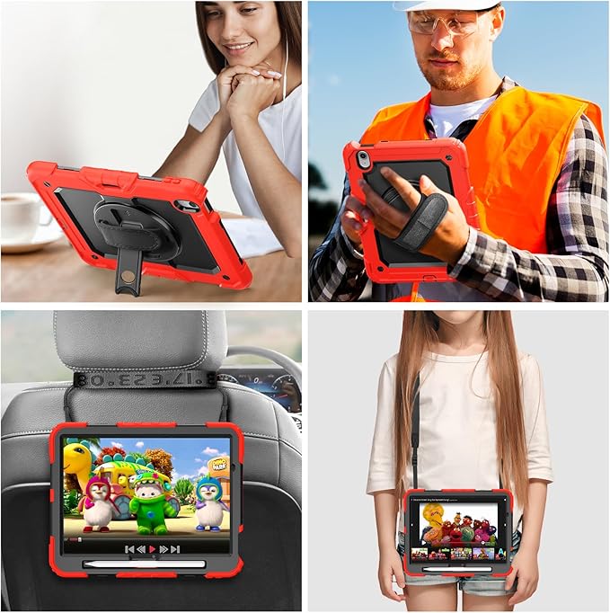 BLOSOMEET Construction Case for iPad Air 11 Inch 2025 M3 &amp 2024 M2 with Tempered Glass Screen Protector &amp Shoulder StrapProtective Cover with Stand Pencil Holder Hand Strap (Red)