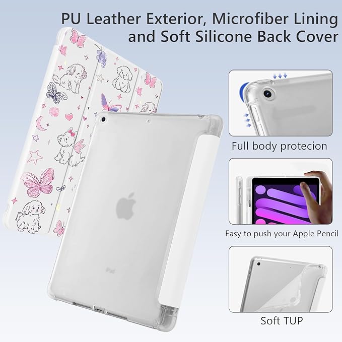 Cute Kawaii Puppy Butterfly for iPad mini 7 A17 Pro 2024/iPad Mini 6 Case with Pencil Holder Auto Sleep/Wake White Leather Soft TPU Back Cover