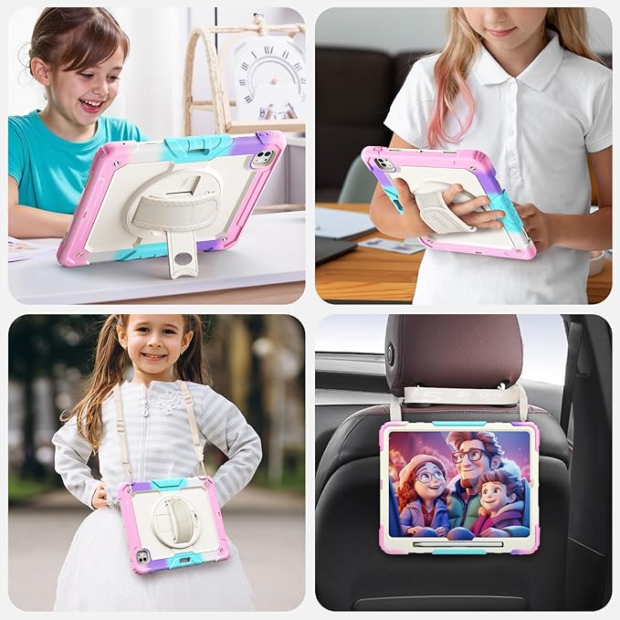 SEYMAC Case for iPad Pro 13 Inch M5 2025 / M4 2024 Heavy Duty Shockproof Protective Case with Screen Protector 360° Rotating Stand Hand/Shoulder Strap and Pen Holder Colorful/Pink