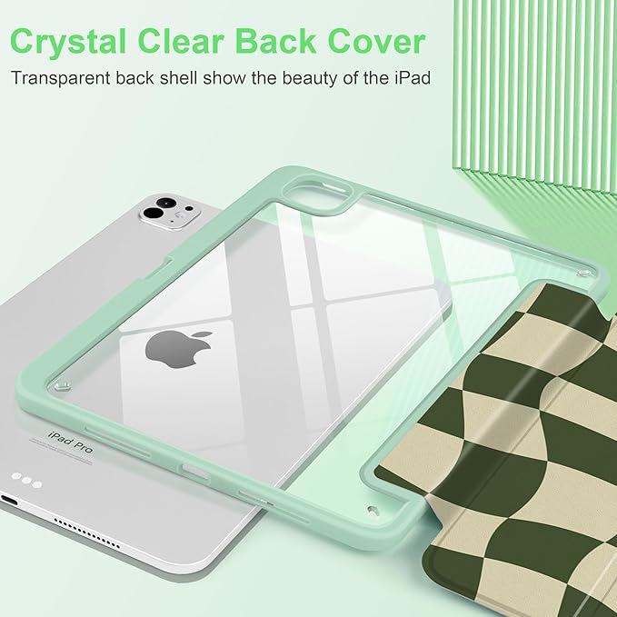 TWOLSKOO Case for iPad Pro 11-inch (M5 2025 / M4 2024) Clear Acrylic Back with TPU Bumper Pencil Holder Trifold Stand Auto Sleep/Wake Green Wavy Checker